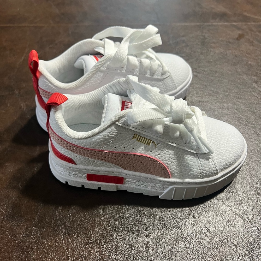 Puma Mayze Leather Little Kids' Shoes size 11, white with red and pink